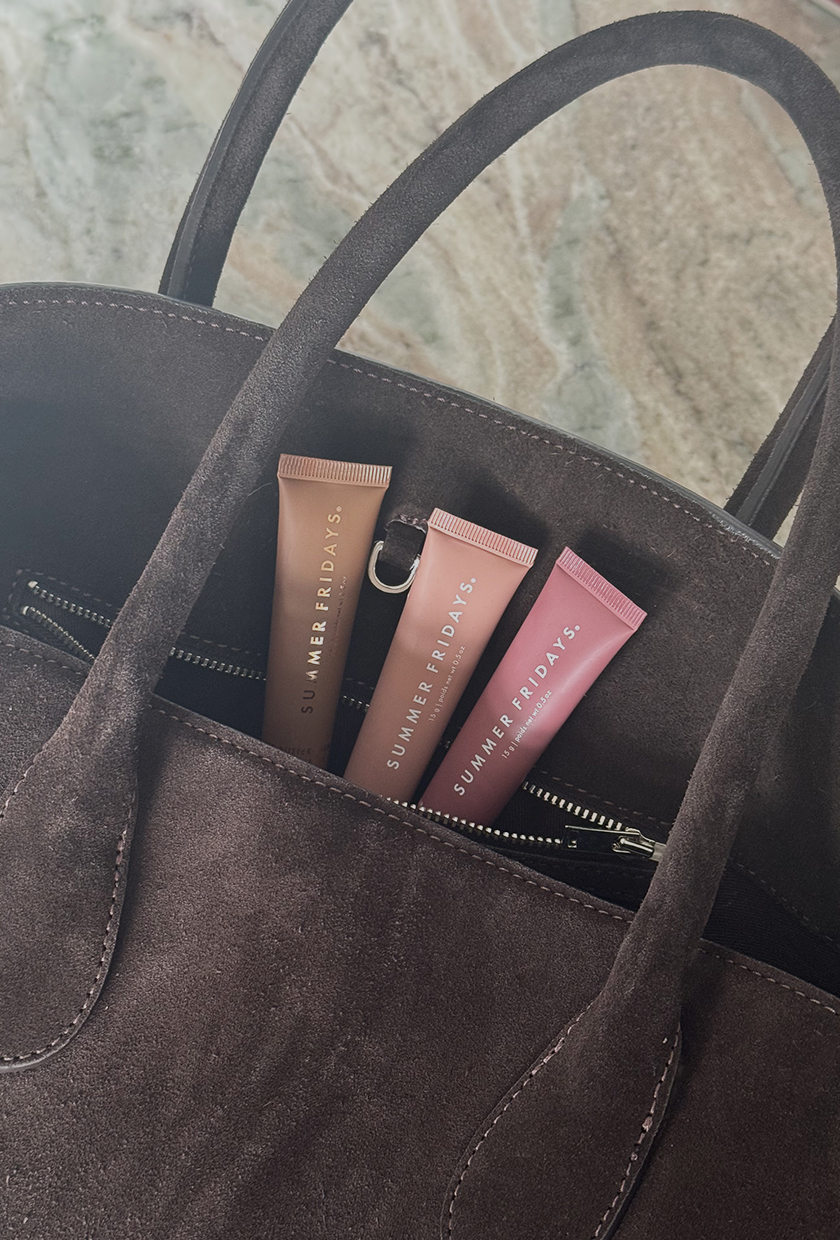Summer Fridays Lip Balms in suede brown bag