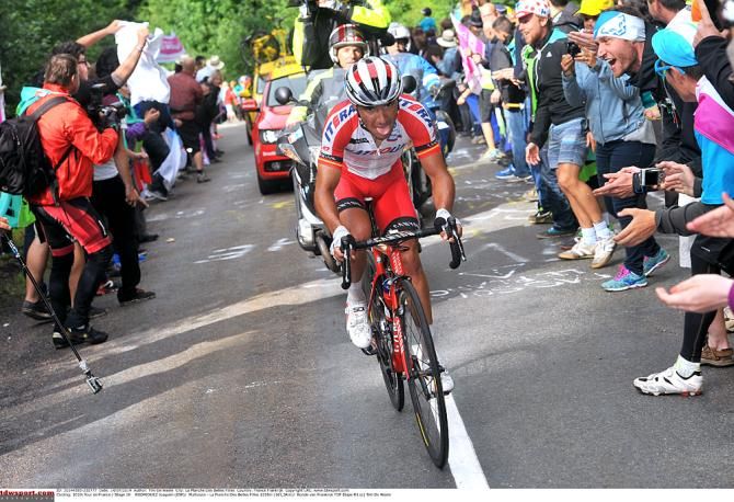 Joaquim Rodriguez (Katusha) tired to get the stage win on La Planche des Belles Filles but was caught by Vincenzo NIbali (Astana)