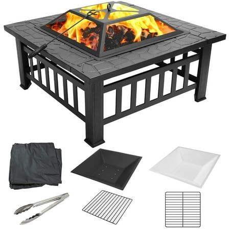 32-inch Wood Burning Fire Pit Table with Screen Lid, Poker, BBQ Net, Ice Tray, Food Clip and Cover
