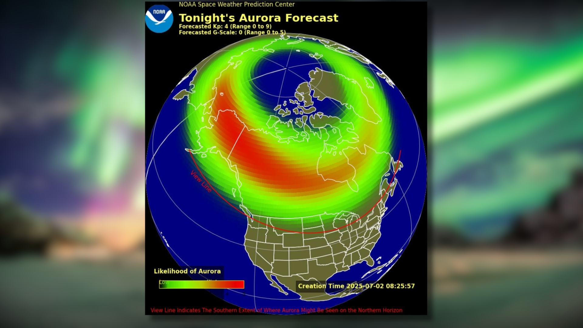 graphic illustration showing tonight's aurora forecast on the background of the northern lights