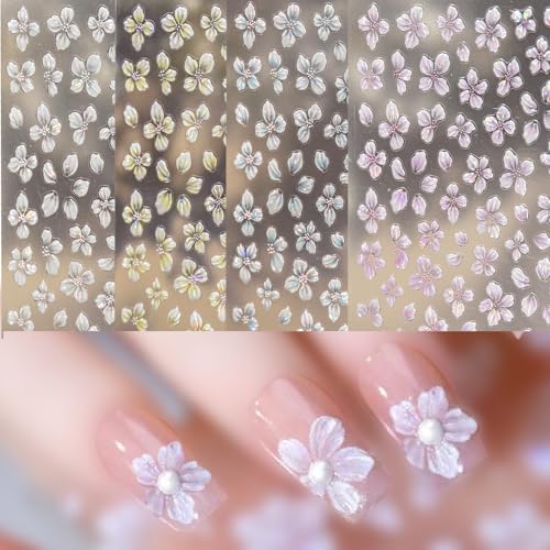 Bsitsss 5d Embossed Flowers Nail Stickers for Nail Art, Nails Sticker Decoration Accessories, Floral Nail Art Stickers, 4 Sheets Fashion Sticker Nails