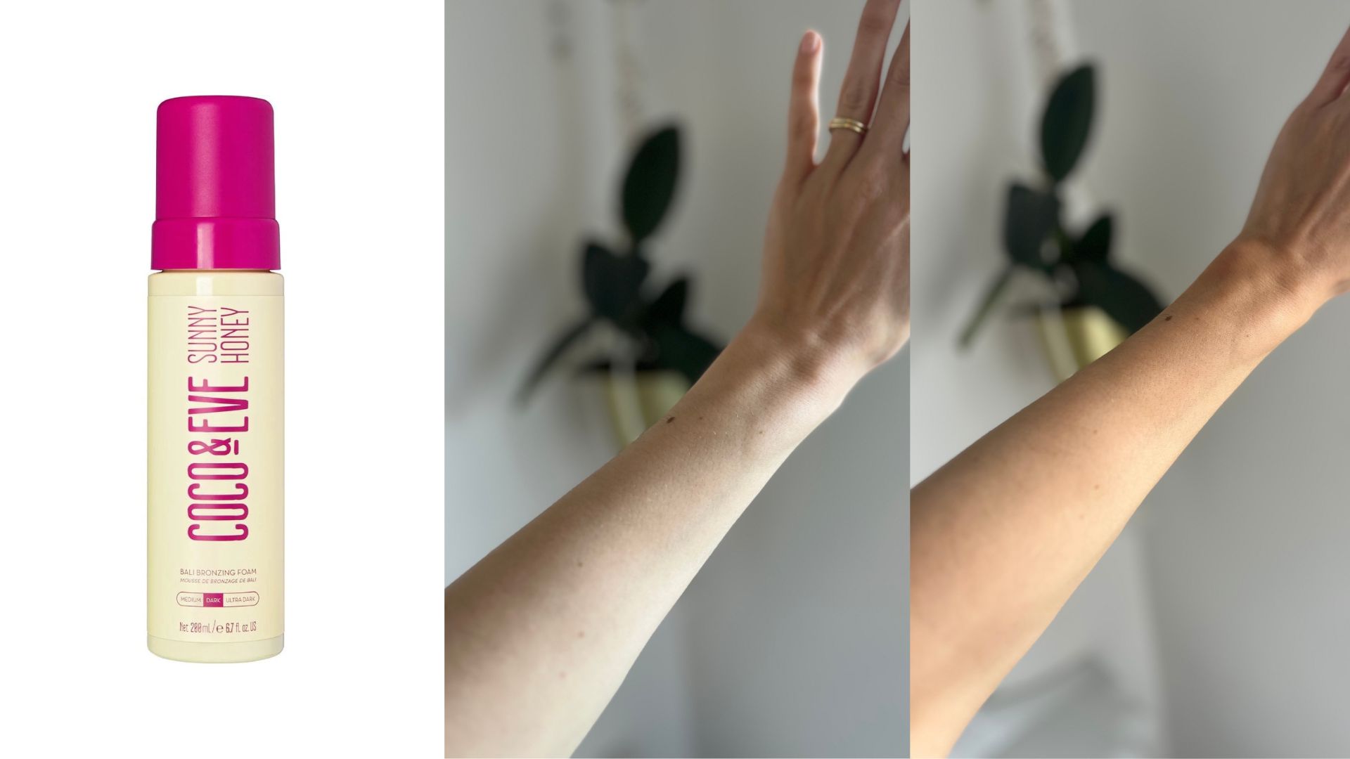 A before and after of Jess using the Coco & Eve Sunny Honey Bronzing Foam next to a product shot