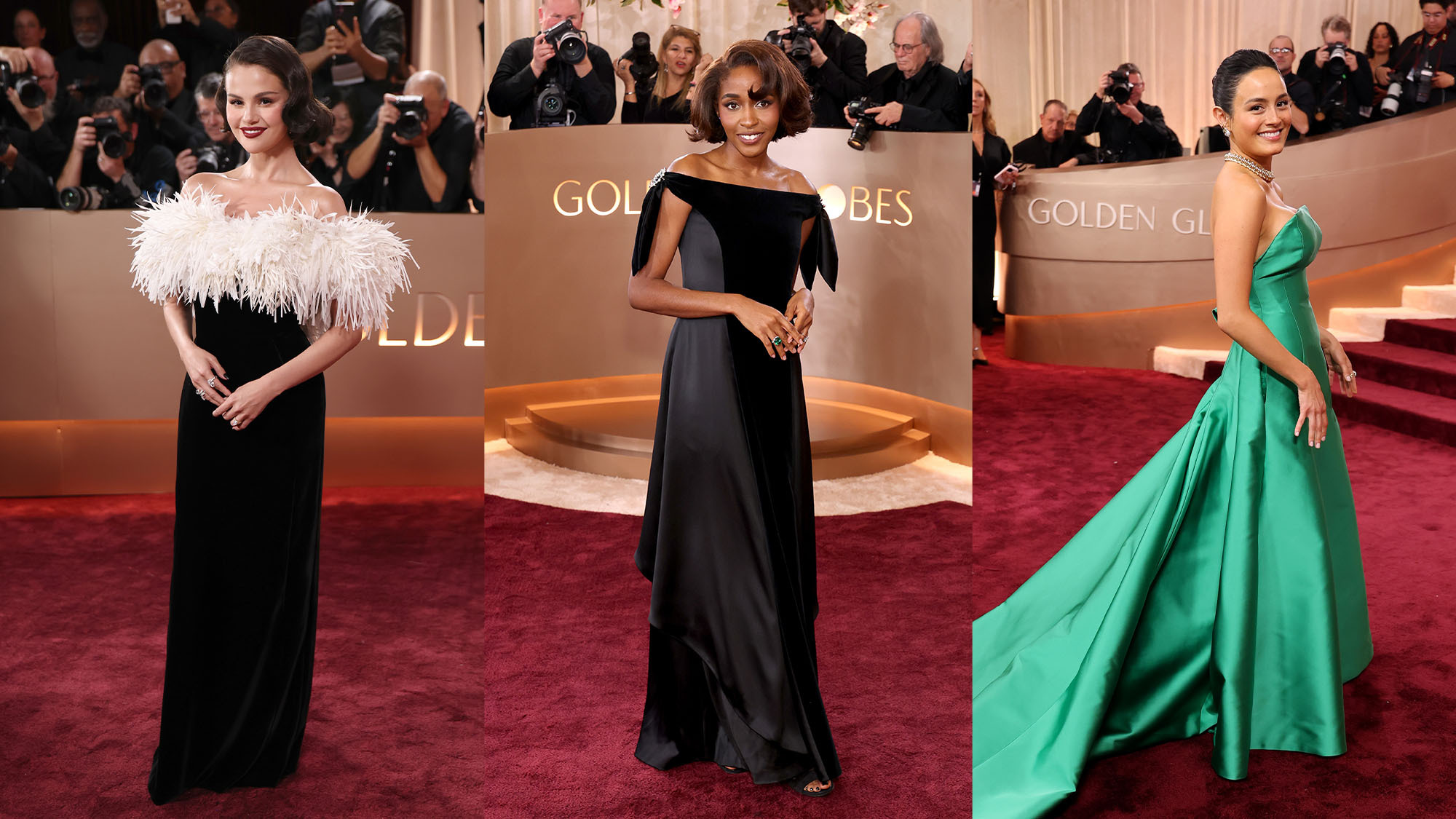 Selena Gomez, Ayo Edibiri, and Chase Sui Wonders arrive at the 2026 Golden Globe Awards red carpet