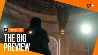 Arjun looks up at Primary in The Passage in Saros, a snake-like mechanical AI with a coffin-shaped head, with the orange GamesRadar+ Big Preview frame