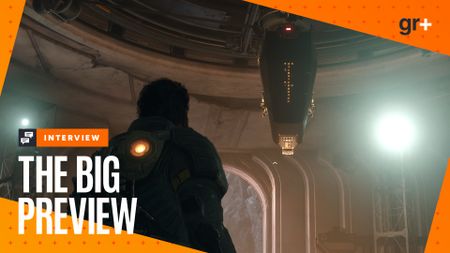Arjun looks up at Primary in The Passage in Saros, a snake-like mechanical AI with a coffin-shaped head, with the orange GamesRadar+ Big Preview frame