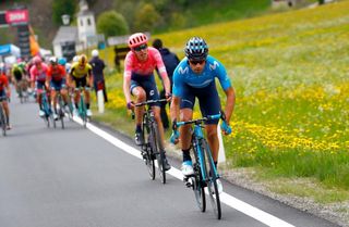 Mikel Landa attacks from the pink jersey group near the end of stage 17 at the Giro