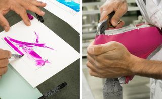 Two images, Left- Sketch in shocking pink of a shoe, Right- A Pink shoe in a person's hand being made