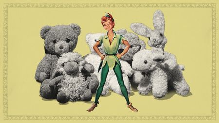 Photo collage of a vintage Peter Pan illustration, standing proudly in front of a pile of toys