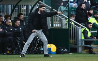 Plymouth's Bosnian-born Austrian head coach Miron Muslic shouts instructions to the players from the touchline during the English FA Cup fourth round football match between Plymouth Argyle and Liverpool at Home Park in Plymouth, south west England, on February 9, 2025. (Photo by HENRY NICHOLLS / AFP) / RESTRICTED TO EDITORIAL USE. No use with unauthorized audio, video, data, fixture lists, club/league logos or 'live' services. Online in-match use limited to 120 images. An additional 40 images may be used in extra time. No video emulation. Social media in-match use limited to 120 images. An additional 40 images may be used in extra time. No use in betting publications, games or single club/league/player publications. / (Photo by HENRY NICHOLLS/AFP via Getty Images)