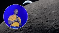 background image close up of the moon with Earth in the background and the inset image is a man standing up talking into a microphone.