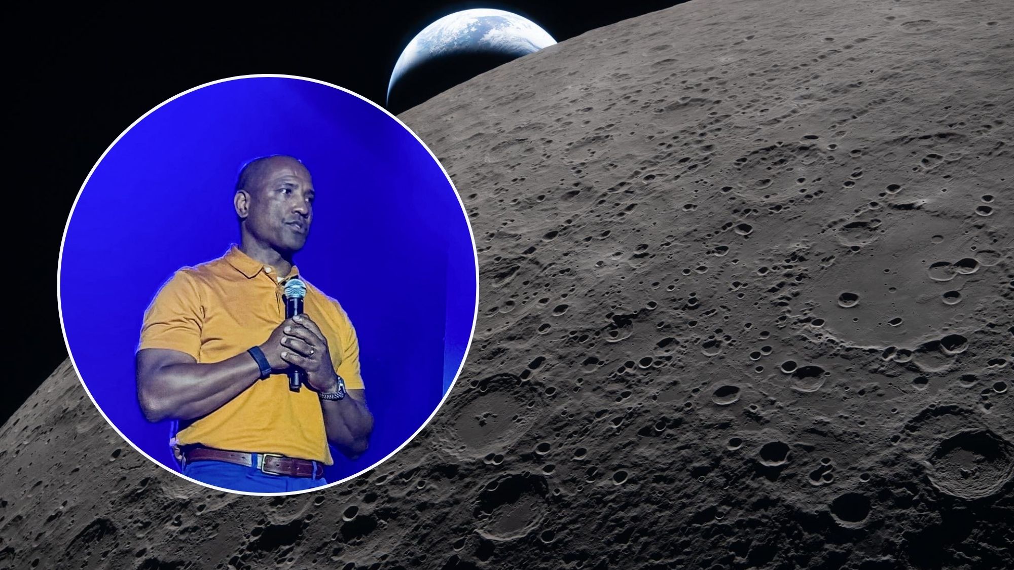 background image close up of the moon with Earth in the background and the inset image is a man standing up talking into a microphone.