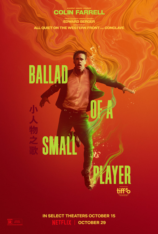 A vibrant orange and red poster featuring Colin Farrell appearing to float or sink underwater, surrounded by swirling bubbles and bold green typography.
