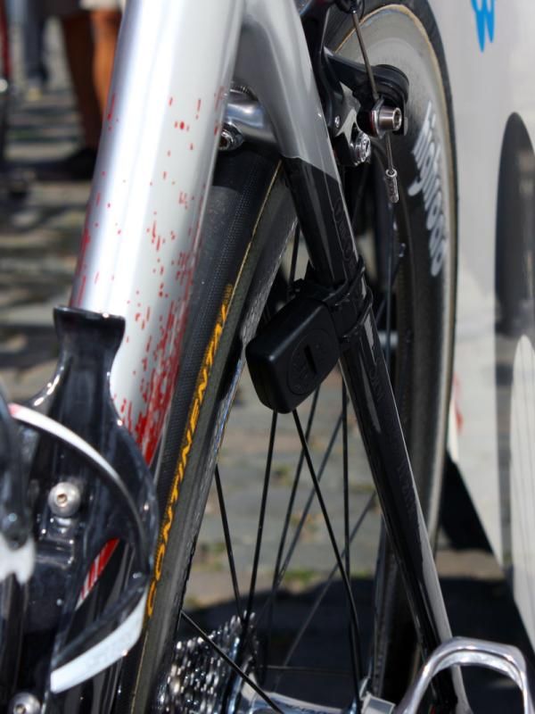 Team mechanics glued a speed magnet to the rim, requiring the sensor to be mounted way up high.