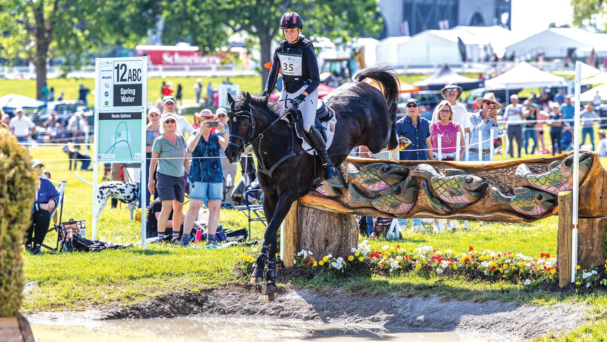 Caroline Pamukcu jumping HSH Blake over large fish-decorated cross-country fence into water with crowd behind at Kentucky Three-Day Event