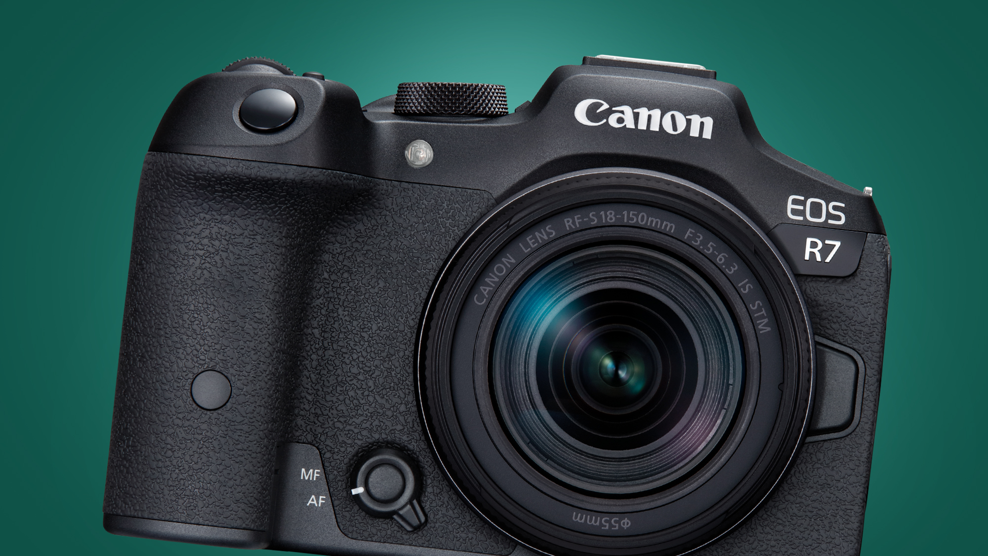 The Canon EOS R7 camera on a green background