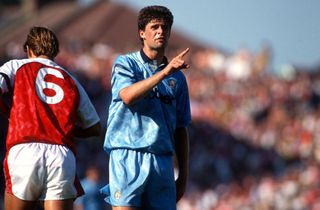 Best Manchester City retro shirts and Man City classic football shirts 2022: Football League Division One - Arsenal v Manchester City - Niall Quinn of Manchester City