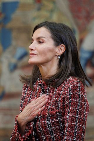 Queen Letizia on her arrival at the annual meeting with the members of the Princess of Asturias Foundation Board of Trustees, at the Royal Palace of El Pardo, on 13 June, 2024 in Madrid, Spain.