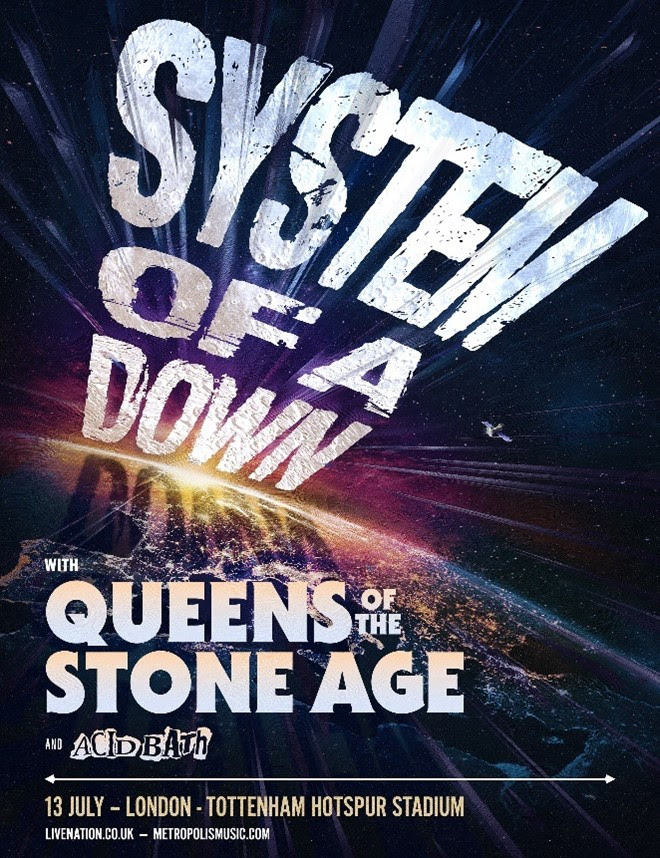 Poster for 2026 European tour by System Of A Down featuring Queens Of The Stone Age and Acid Bath