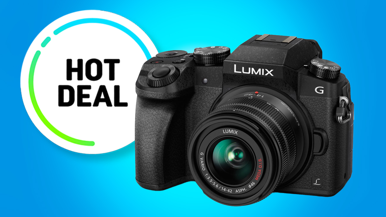 A Lumix G camera displayed against a bright blue background, featuring a "Hot Deal" promotional badge