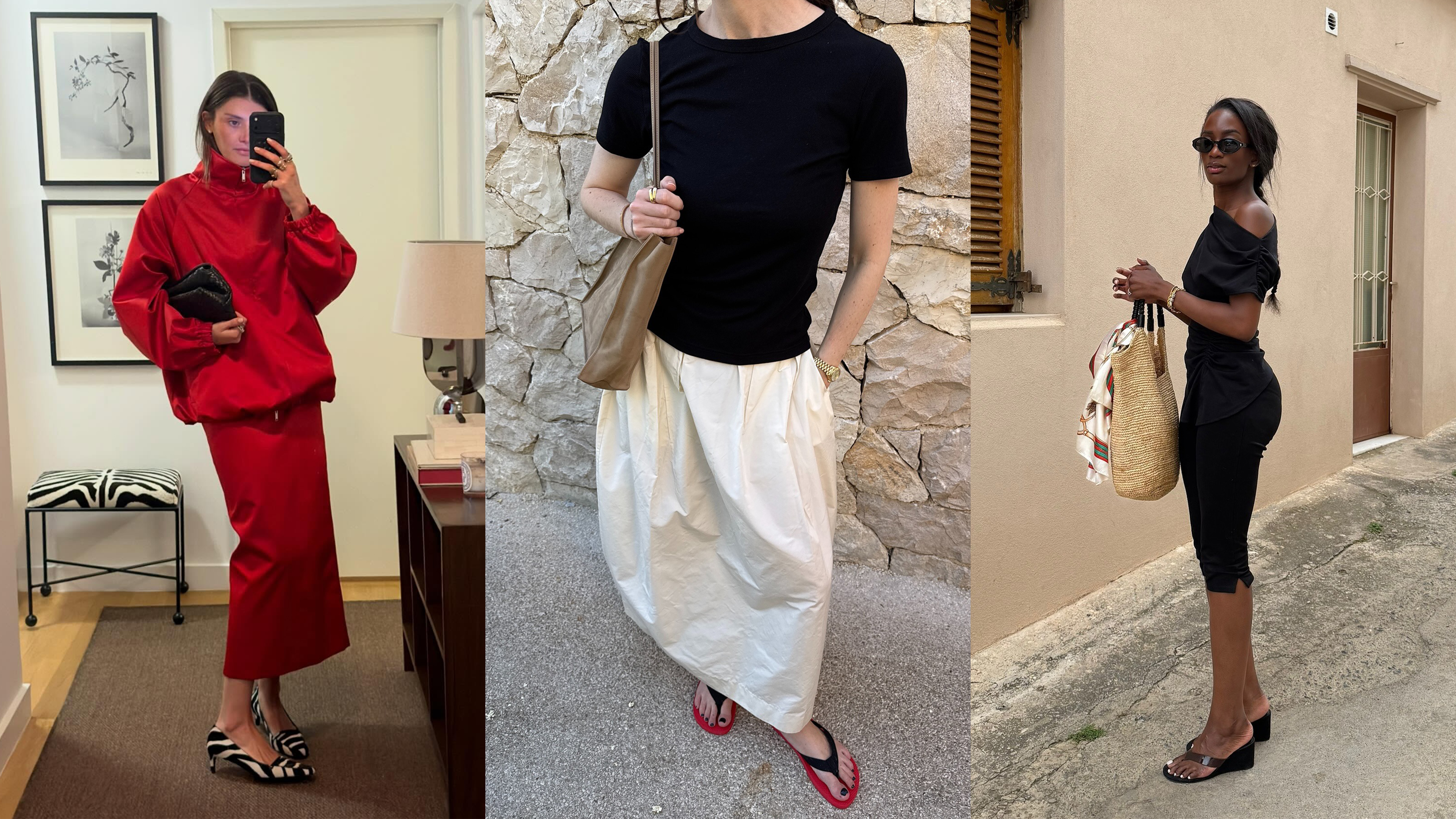 @cocoschiffer wearing a funnel-neck jacket and skirt with zebra print heels; @annabelrosendahl wearing a black tee, white skirt, and two-tone thongs; @_livmadeline wearing capris and wedge sandals
