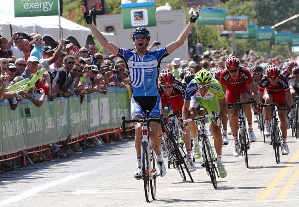 Rory Sutherland (UnitedHealthcare) outsprinted Damiano Caruso (Liquigas-Cannondale) and Brent Bookwalter (BMC) to win stage 1 in Ogden.