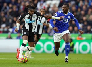 Newcastle United’s Allan Saint-Maximin and Leicester City’s Boubakary Soumare (right) battle for the ball during the Premier League match at the King Power Stadium, Leicester. Picture date: Sunday December 12, 2021