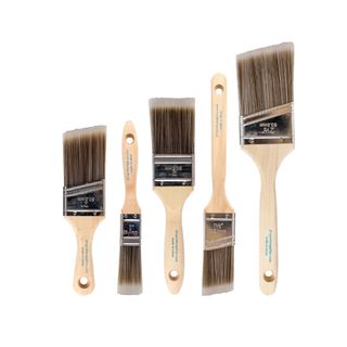 A set of five paint brushes with dark brown angled brushes and light wooden handles