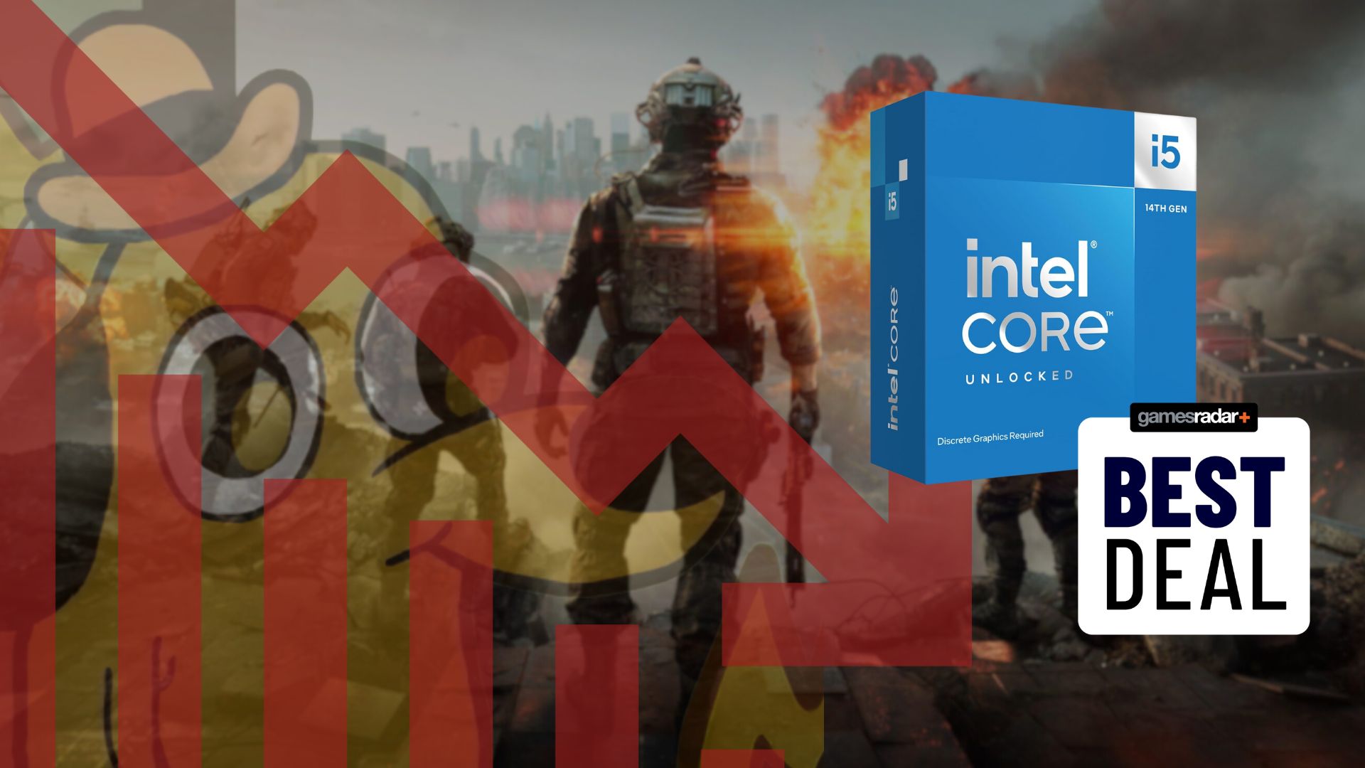 A Battlefield 6 hero image with a declining stock graph and the &quot;this is fine&quot; meme blurred over the top, then an Intel Core i5 best deal on the right hand side