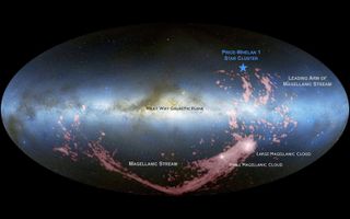 An image shows the location of the newfound stars and Magellanic Stream's locations in the sky as seen from our vantage point in the Milky Way