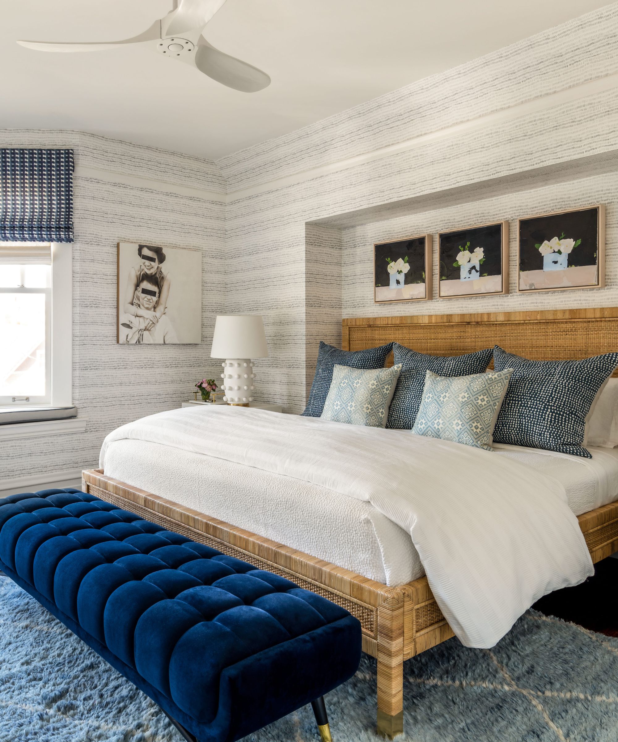 wood effect bedroom wallpaper with rattan bed and white and blue decor