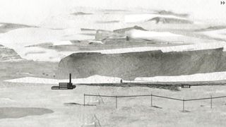 Dull Grey: A monochrome watercolour style landscape with a factory in the distance.