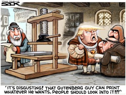 Political cartoon U.S. Trump media fake news