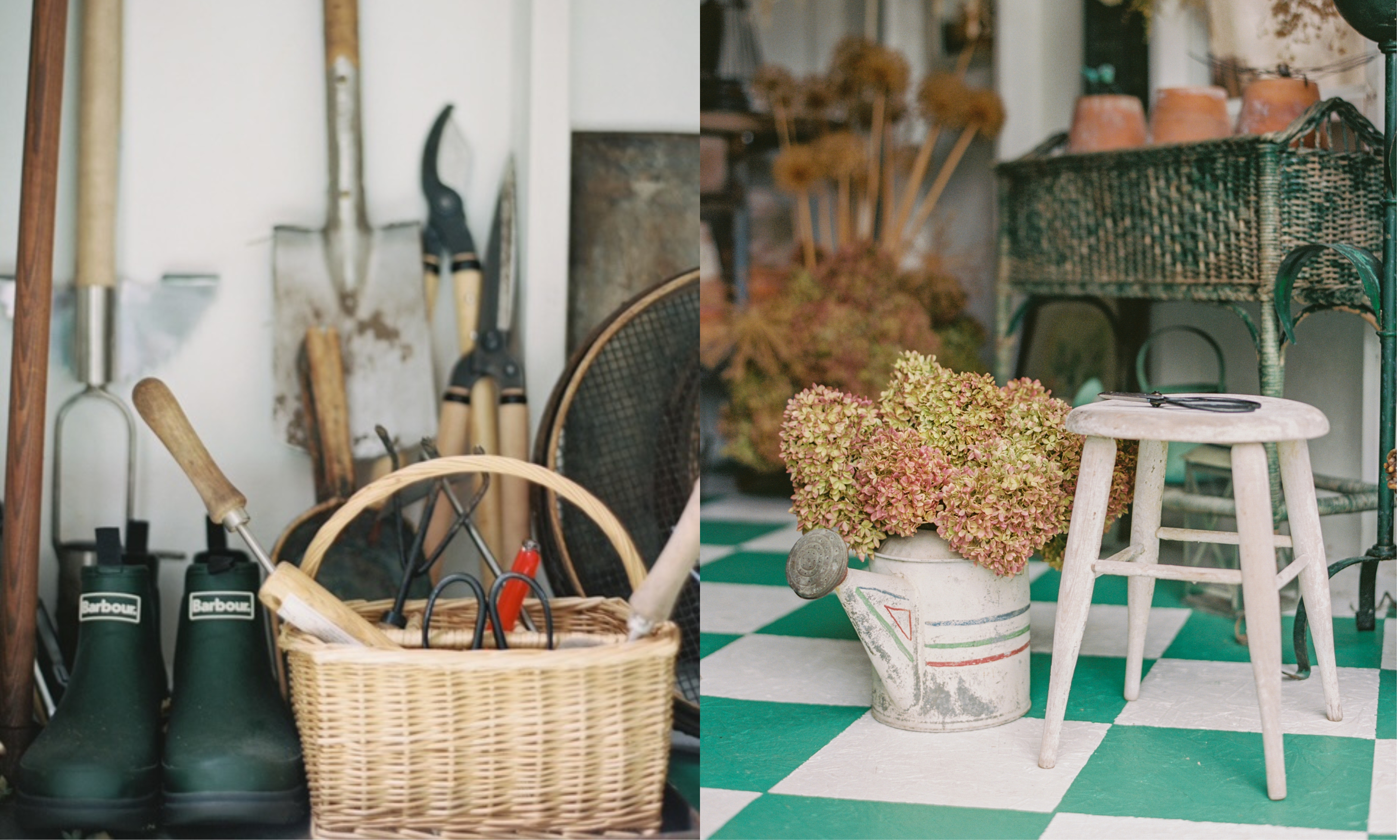 Composite image of garden tools in a basket and a small stool next to a watering can filled with dried hydrangeas
