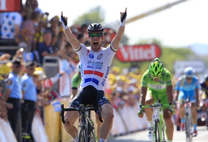 Mark Cavendish (Omega Pharma-QuickStep) won his second stage at the 2013 Tour de France on a day the peloton was ripped apart by crosswinds
