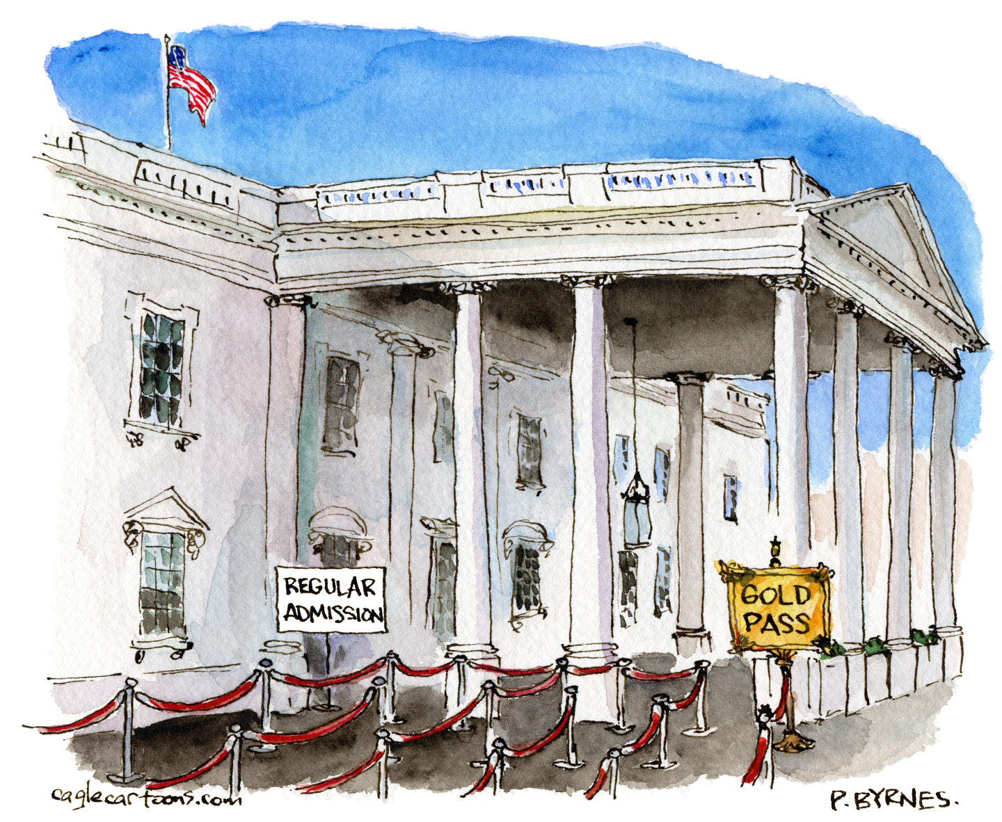 This political cartoon shows the porte cochere entrance to the White House. There are two entrances. One has a sign that reads “Regular admission” and is at the end of a long, roped-off line meant to hold many people. The other entrance is labeled with a gold sign that reads “Gold Pass” and is the quickest entry to the White House.