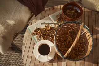 A cup of black coffee and handpicked mushrooms on a wooden table, to demonstrate cordyceps mushrooms as adaptogens