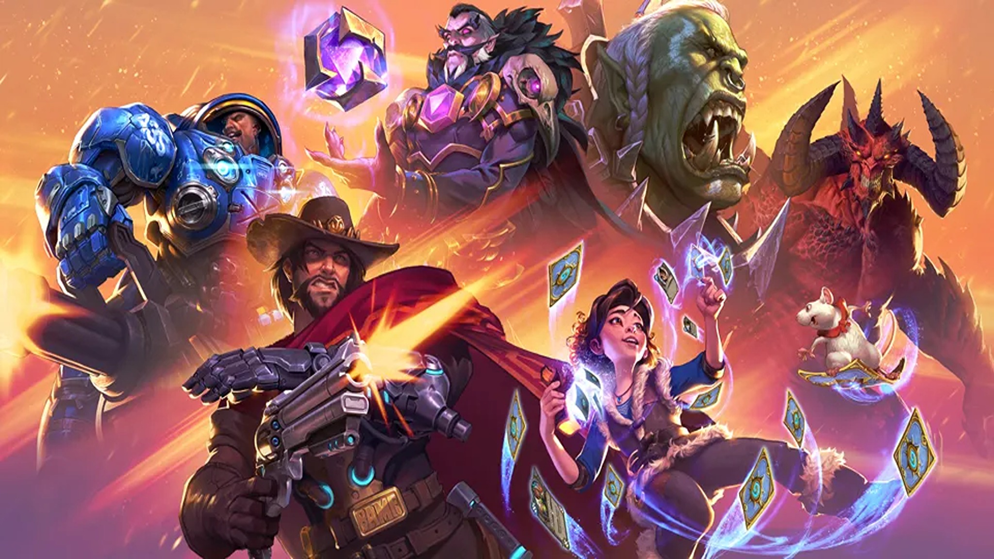 Promotional artwork featuring several characters from Blizzard Entertainment's Warcraft, StarCraft, Overwatch, HearthStone, and Diablo franchises.