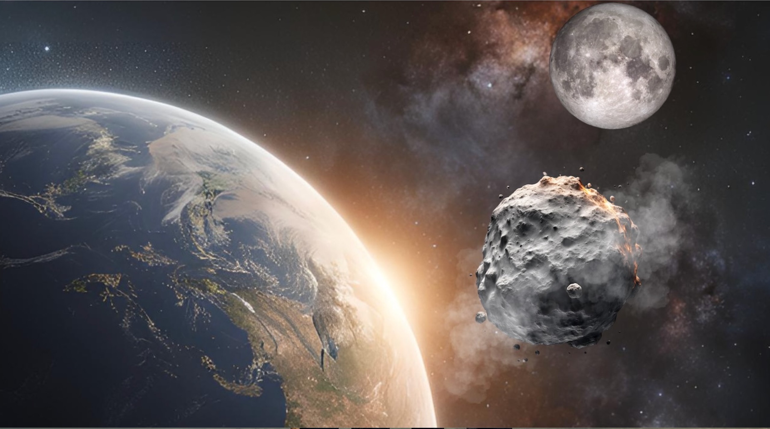 An illustration of the temporary mini-moon 2024 PT5 around Earth, with the moon in the distance.