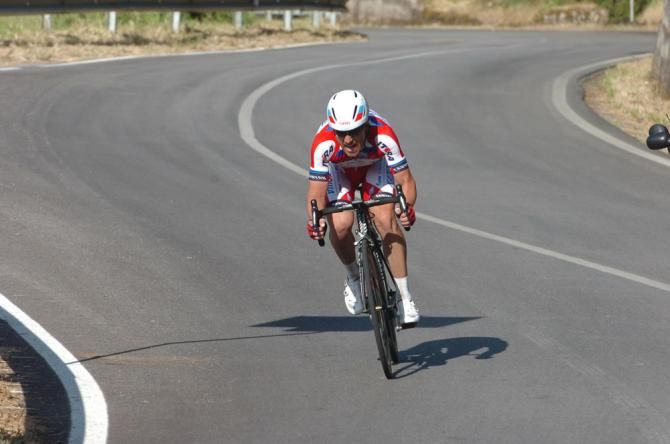 Luca Paolini (Katusha) alone in the lead on the descent to the finish.