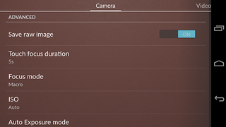 Advanced still image options including a toggle for RAW image support