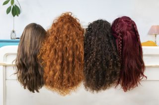 Back view of four women with long brown and red hair