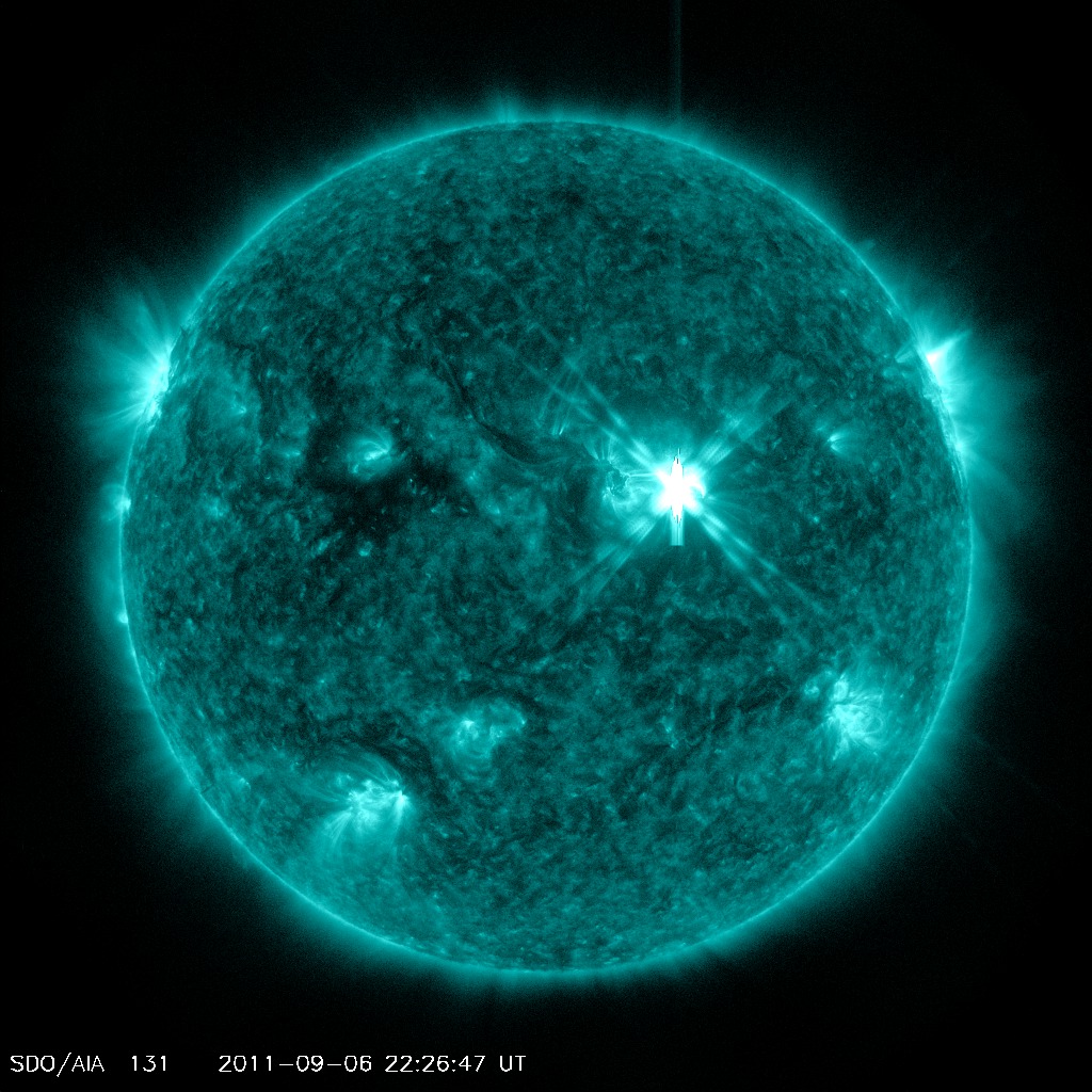 This image taken by NASA&#039;s Solar Dynamics Observatory watching the sun shows a powerful solar flare (center right) on Sept. 6, 2011. 