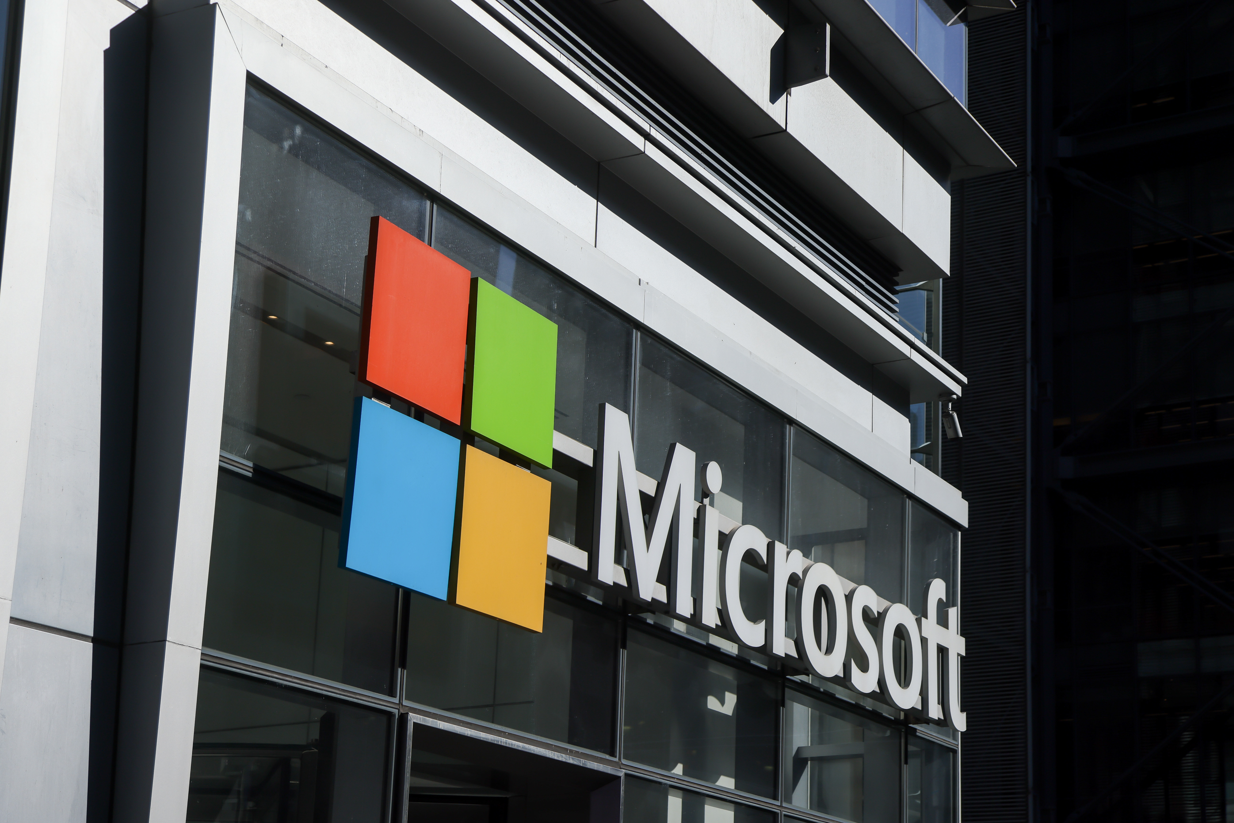 Microsoft signage at an office building in New York, US, on Monday, April 27, 2026. Microsoft Corp. is scheduled to release earnings figures on April 29. Photographer: Michael Nagle/Bloomberg via Getty Images