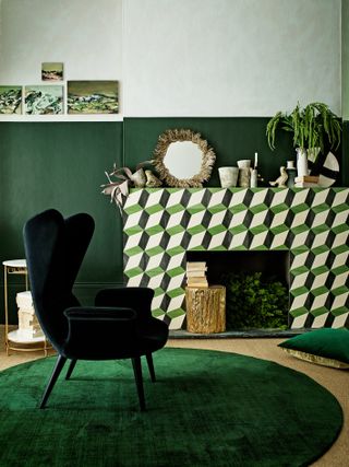 Green living room with tiled fireplace