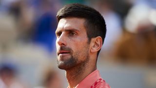 Novak Djokovic of Serbia looks onduring the Men's Singles Final of the 2023 French Open at Roland Garros.
