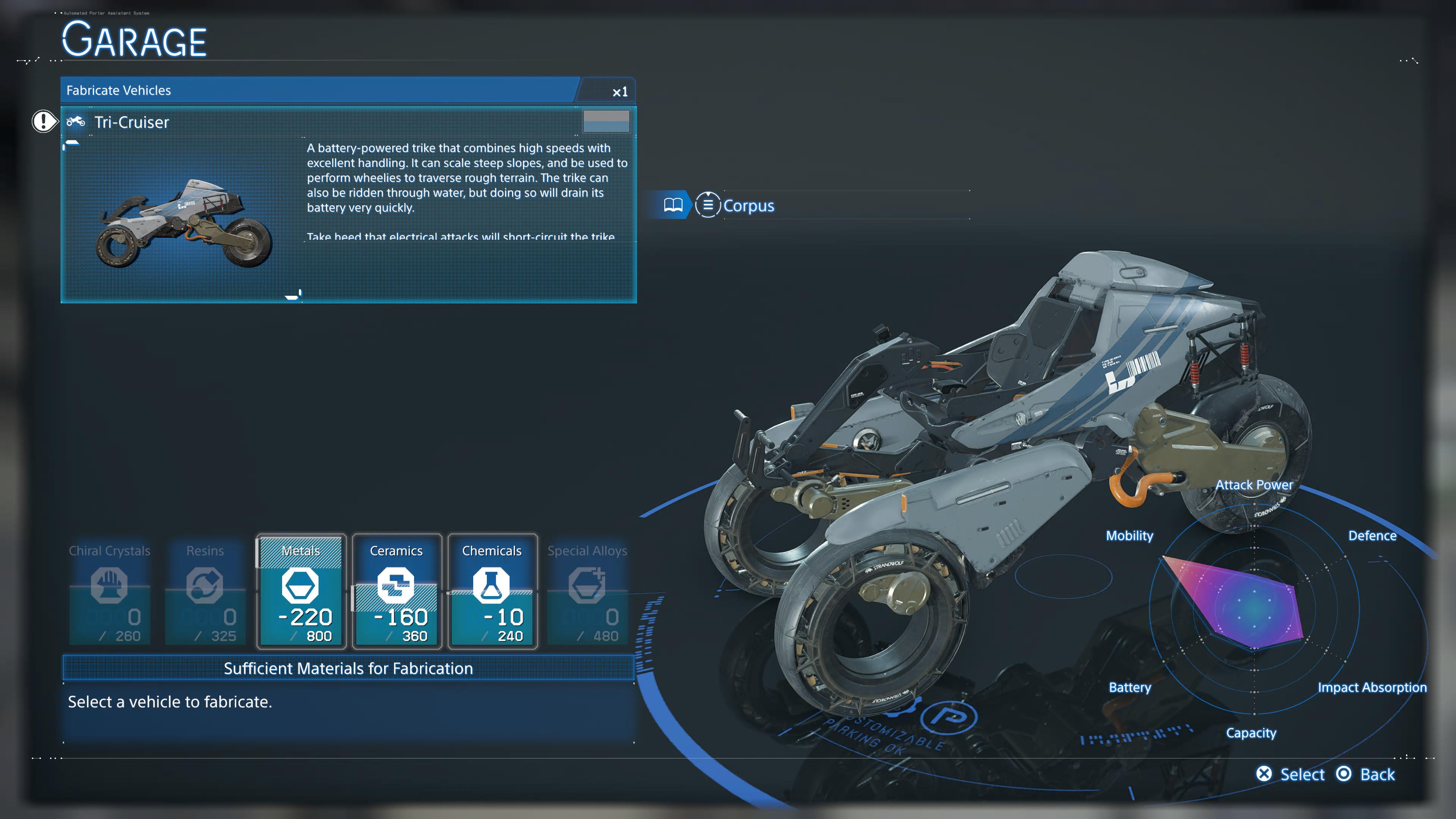 Death Stranding 2 vehicles: The Tri-Cruiser in the garage fabrication menu.