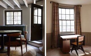 Left, a view of the dining area and walled garden and Right, a view of the second bedroom window bay