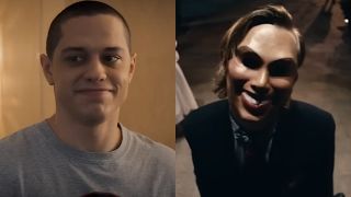 Pete Davidson in The Home/ Purge mask from the first Purge film (side by side image)