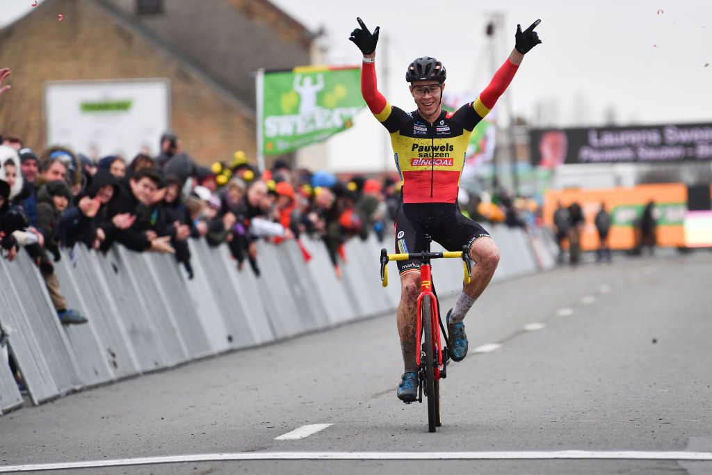 MIDDELKERKE, BELGIUM - FEBRUARY 15: Arrival / Laurens Sweeck of Belgium and Team Pauwels Sauzen - Bingoal / Celebration / during the 61st Superprestige Middelkerke Noordzee Cross 2020, Men Elite / @SuperprestigeCX / #middelkerke / on February 15, 2020 in Middelkerke, Belgium. (Photo by Marc Van Hecke/Getty Images)