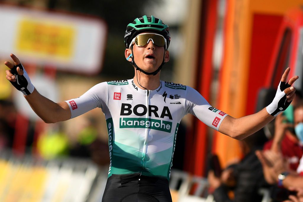 MANRESA SPAIN MARCH 26 Arrival Lennard Kmna of Germany and Team BORA Hansgrohe Celebration during the 100th Volta Ciclista a Catalunya 2021 Stage 5 a 2015km stage from La Pobla De Segur to Manresa 220m VoltaCatalunya100 on March 26 2021 in Manresa Spain Photo by David RamosGetty Images